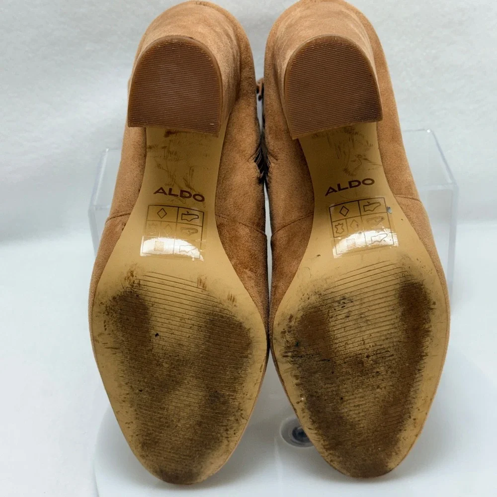 Aldo Suede Ankle Boots Women 7.5 Tan Block Heel Side Zip Neutral Minimalist Chic